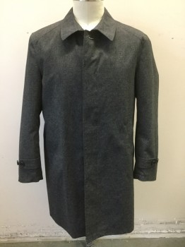 Mens, Coat, Trenchcoat, JOS.A.BANK, Heather Gray, Cotton, Heathered, 42R, 5 Buttons, Covered Button Placket, Collar Attached, 2 Welt Pockets, Mid Calf Length, Black Lining