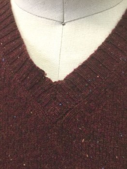 CLUB ROOM, Red Burgundy, Multi-color, Wool, Solid, Speckled, Burgundy with Multicolor Flecks Throughout, Knit, Pullover, V-neck