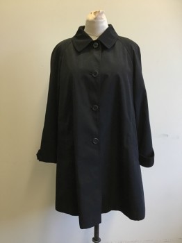 N/L, Black, Polyester, Solid, Button Front, Raglan Long Sleeves, Button Tab Cuffs, 2 Pockets, Collar Attached, Box Pleat Center Back