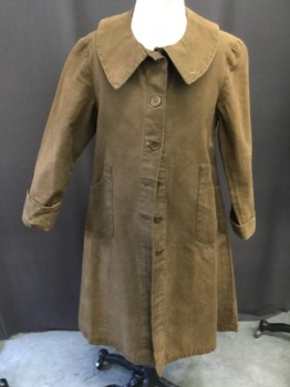 Childrens, Coat 1890s-1910s, MTO, Brown, Cotton, Solid, 30, Canvas, Shawl Collar, Button Front, Patch Pockets, Cuffed, Back Strap