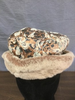 Womens, Hat, N/L, Lt Brown, Cream, Faded Black, Poly/Cotton, Faux Fur, Animal Print, Floral, Size 5, Bucket Hat with Brown and Black Leopard Spots with Cream Floral, Lining of Brim is Light Brown Faux Fur, Light Brown Microfiber Lining