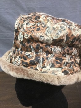 Womens, Hat, N/L, Lt Brown, Cream, Faded Black, Poly/Cotton, Faux Fur, Animal Print, Floral, Size 5, Bucket Hat with Brown and Black Leopard Spots with Cream Floral, Lining of Brim is Light Brown Faux Fur, Light Brown Microfiber Lining