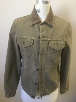 LEVI'S, Lt Brown, Cotton, Solid, Dusty Light Brown Denim/Canvas, Button Front, Light Brown Corduroy Collar Attached, 4 Pockets, Lining is Gray with Dark Gray and Red Horizontal Stripes
