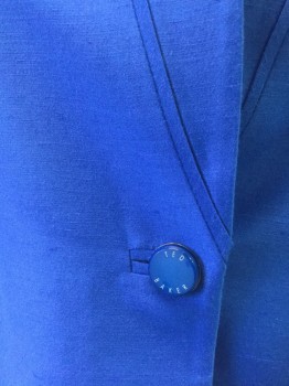 TED BAKER, Royal Blue, Viscose, Acetate, Solid, Fabric Has Raw Silk-like Appearance with Slubbed Texture, Single Breasted, Notched Lapel, 1 Blue Button with Ted Baker Logo, 2 Welt Pockets Along Seams, Lightly Padded Shoulders, Pastel Watercolor Pattern Lining
