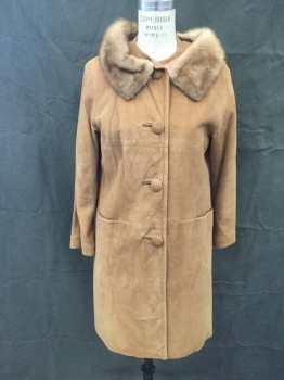 Womens, Leather Jacket, N/L, Caramel Brown, Leather, Fur, Solid, B 36, Leather Covered Button Front, 2 Pockets, Long Sleeves, No Collar, Fur Collar Hand Sewn Attached Away From Neck
