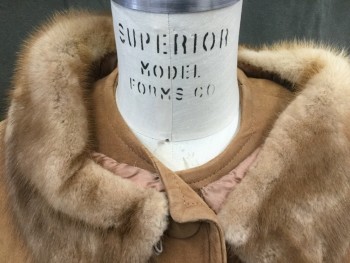 Womens, Leather Jacket, N/L, Caramel Brown, Leather, Fur, Solid, B 36, Leather Covered Button Front, 2 Pockets, Long Sleeves, No Collar, Fur Collar Hand Sewn Attached Away From Neck
