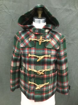 Childrens, Coat, POLO, Green, Red, Tan Brown, Blue, Wool, Nylon, Plaid, 8, Zip Front, Braided Rope Toggle Front, Attached Hood, Shoulder Panels, 2 Pockets, Button Tabs at Cuffs, Button Tab at Neck