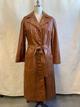 Womens, Leather Jacket, N/L, Brown, Leather, Solid, W 29, B 38, Long Coat, Collar Attached, Notched Lapel, Raglan Long Sleeves, Leather Covered Buttons, Waist Seam, 2 Patch Pockets with Ribbed Panels, Self Belt