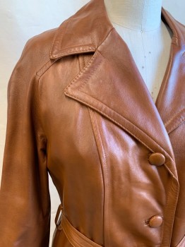 Womens, Leather Jacket, N/L, Brown, Leather, Solid, W 29, B 38, Long Coat, Collar Attached, Notched Lapel, Raglan Long Sleeves, Leather Covered Buttons, Waist Seam, 2 Patch Pockets with Ribbed Panels, Self Belt