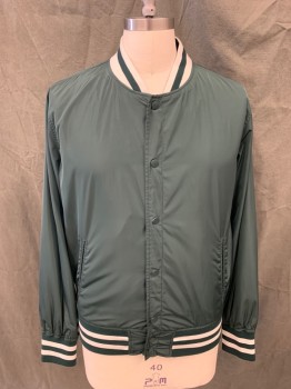 GOODFELLOW, Forest Green, Polyester, Solid, Snap Front, Long Sleeves, Green/White Stripe Ribbed Knit Collar/Waistband/Cuff