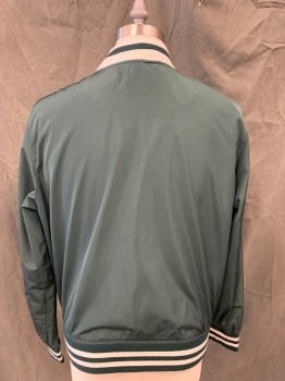 GOODFELLOW, Forest Green, Polyester, Solid, Snap Front, Long Sleeves, Green/White Stripe Ribbed Knit Collar/Waistband/Cuff