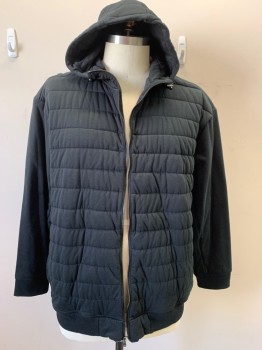 POLO RALPH LAUREN, Black, Cotton, Solid, Black Horizontal Quilt, Light Padding, Attached Hood with D-string, Zip Front, 2 Side Pockets with Zipper, Ribbed Knit Long Sleeves Cuffs & Hem