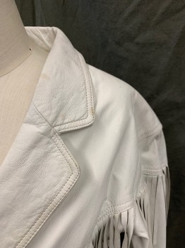 Womens, Leather Jacket, YUCATAN BAY, White, Leather, Solid, W 30, S, Double Breasted, Collar Attached, Notched Lapel, Snap Front, Shoulder Pads, V Shaped Fringe Back and Front, Long Sleeves,