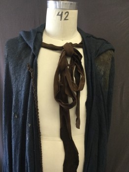Unisex, Historical Fiction Cape, MTO, Steel Blue, Brown, Cotton, Solid, L, Hooded Mens Cape, ~ 60" From Nape to Hem, Aged and Dirty, Rough Cut Leather Tie at Neck, Single Braided Closure Further Down, Bias, Full, Uneven Hem