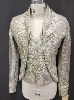 Mens, Sci-Fi/Fantasy Piece 1, TUTU ETOILE, Taupe, Cream, Silk, Floral, C38/40, Frock Coat with Attached Vest, Brocade Long Sleeves, Hook & Eyes Front, Inset Sleeves, Silver Paisley Embroidery, Adjustable Elastic Vest, Made For Ballet, Zip Cuff Seam