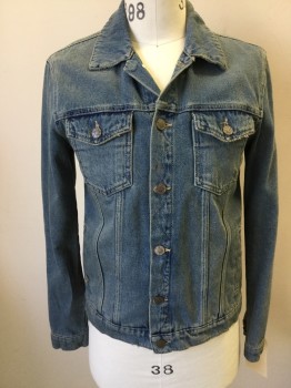 TOPMAN, Blue, Cotton, Faded, Button Front, Collar Attached, 4 Pockets, Aged/Distressed,