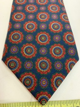 Mens, Tie, CARROLL & CO, Navy Blue, Dk Red, Purple, Khaki Brown, Olive Green, Silk, Medallion Pattern, O/s, Four in Hand
