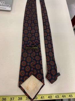 Mens, Tie, CARROLL & CO, Navy Blue, Dk Red, Purple, Khaki Brown, Olive Green, Silk, Medallion Pattern, O/s, Four in Hand