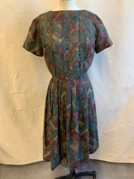 Womens, Dress, PARKSHIRE, Red, Dk Brown, Teal Blue, Amber Yellow, Black, Polyester, Floral, Geometric, W24, B36, Pleated Bust and Skirt, Short Sleeves, Bateau/Boat Neck, Zip Back, String Belt Loops