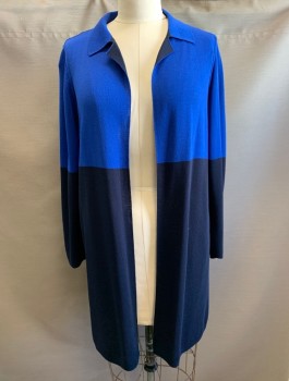 Womens, Sweater, CHICO'S, Royal Blue, Navy Blue, Rayon, Nylon, Solid, Color Blocking, L, Top Half is Royal Blue, Bottom is Navy, Knit, Long Sleeves, Notched Collar, Open Front with No Closures, Duster Length (Below Hips)