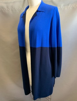 CHICO'S, Royal Blue, Navy Blue, Rayon, Nylon, Solid, Color Blocking, Top Half is Royal Blue, Bottom is Navy, Knit, Long Sleeves, Notched Collar, Open Front with No Closures, Duster Length (Below Hips)