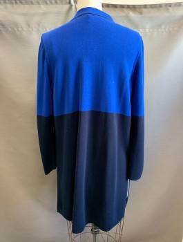 Womens, Sweater, CHICO'S, Royal Blue, Navy Blue, Rayon, Nylon, Solid, Color Blocking, L, Top Half is Royal Blue, Bottom is Navy, Knit, Long Sleeves, Notched Collar, Open Front with No Closures, Duster Length (Below Hips)
