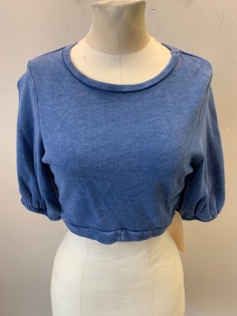 BLUE LIFE, Blue, Cotton, Polyester, Faded, Wide Crew Neck, Short Sleeves, Elastic Cuffs, Cropped, Pullover,