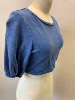 BLUE LIFE, Blue, Cotton, Polyester, Faded, Wide Crew Neck, Short Sleeves, Elastic Cuffs, Cropped, Pullover,