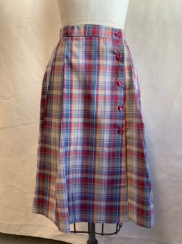 N/L, Red, Blue, Ochre Brown-Yellow, Green, Gray, Cotton, Plaid, Off Center Button Front, Pleated, 1 1/4" Waistband, Knee Length