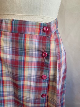N/L, Red, Blue, Ochre Brown-Yellow, Green, Gray, Cotton, Plaid, Off Center Button Front, Pleated, 1 1/4" Waistband, Knee Length