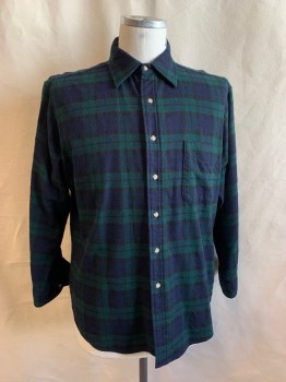 Mens, Casual Shirt, PENDLETON, Green, Navy Blue, Black, Wool, Plaid, L, Collar Attached, Button Front, Long Sleeves, 1 Pocket