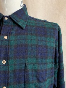 PENDLETON, Green, Navy Blue, Black, Wool, Plaid, Collar Attached, Button Front, Long Sleeves, 1 Pocket