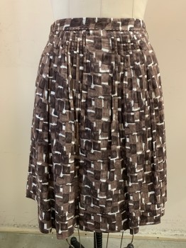 Womens, Skirt, Below Knee, ELIE TAHATI, Dk Brown, Brown, White, Cotton, 10, White Stitching Along Waistband & Hem, Pleated Front, Zip Back