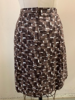 Womens, Skirt, Below Knee, ELIE TAHATI, Dk Brown, Brown, White, Cotton, 10, White Stitching Along Waistband & Hem, Pleated Front, Zip Back