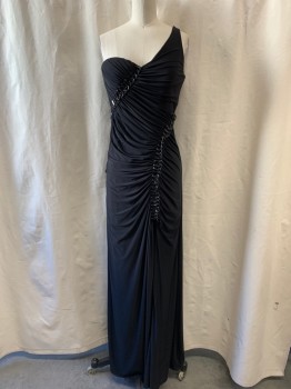 LM COLLECTION, Black, Polyester, Spandex, One Shoulder, Sweetheart Neckline, One Strap Diagonally Across Back, Black Rectangle Rhinestones & Chains Diagonally Across Bust and Left Side of Waist, Ruched, Floor Length, Zip Back