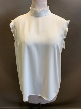 MING WANG, White, Polyester, Solid, Stand Collar, Ruffles At Neck & Arm Holes, Cap Sleeves, Key Hole At Back