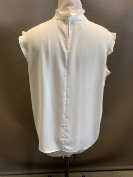 MING WANG, White, Polyester, Solid, Stand Collar, Ruffles At Neck & Arm Holes, Cap Sleeves, Key Hole At Back