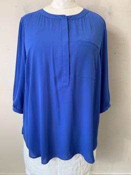 NYDJ, Blue, Polyester, Solid, L/S, Scoop Neck, 5 Buttons, Chest Pocket
