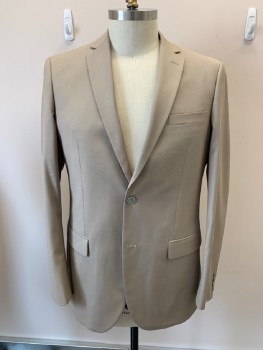 ALERTO CARDINALI, Tan Brown, Rayon, Polyester, Solid, Single Breasted, 2 Bttns, 3 Pckts, Double Vent, Notched Lapel, Tan/blue Plastic Buttons