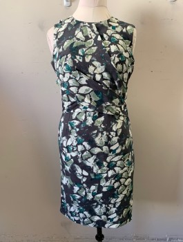 HOBBS, Dk Gray, Ecru, Sage Green, Emerald Green, Polyester, Abstract , Crepe, Round Neck, Draped Self Outer Layer at Torso, Straight Cut Through Hips, Knee Length, Invisible Zipper in Back