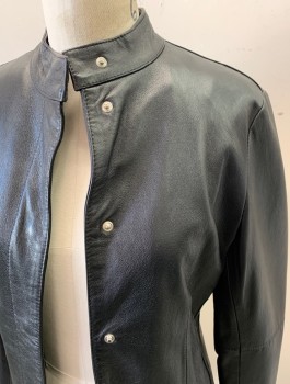 Womens, Leather Jacket, VAUNT, Black, Leather, Viscose, Solid, B34, Snap Front, Mandarin/Nehru Collar, Textured Hand