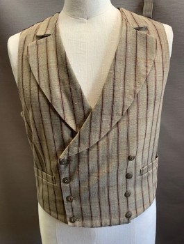 Mens, Historical Fiction Vest, DARCY, Beige, Black, Wool, Cotton, Stripes - Vertical , 40, Double Breasted, Rounded Notched Lapel, 2 Pockets, Black and Red Group Stripe, Black Cotton Back and Lining