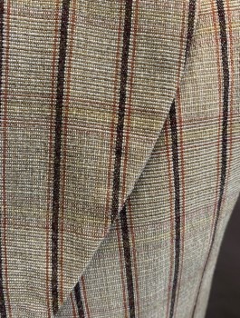 DARCY, Beige, Black, Wool, Cotton, Stripes - Vertical , Double Breasted, Rounded Notched Lapel, 2 Pockets, Black and Red Group Stripe, Black Cotton Back and Lining