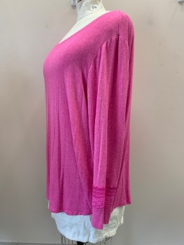 CACIQUE, Pink, Rayon, Polyester, Heathered, L/S, Scoop Neck, Lace Detail On Sleeves