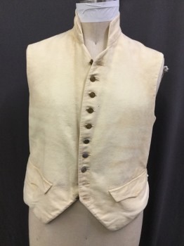 Mens, Historical Fiction Vest, M.B.A.. LTD., Cream, Brass Metallic, Cotton, Solid, 42, 1795 To 1912, Brushed Twill, Stand Collar, 2 Bat-wing Pockets, Plain Cotton Backing, 2 Adjustable Ties in Back, Gold Buttons, Aged/Distressed, Multiples