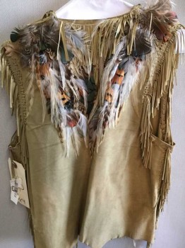 Womens, Leather Vest, N/L, Tan Brown, Brown, White, Black, Leather, Feathers, Solid, XS, Self Tie Front, Multi Colored Feather Trim, Fringed Detail, See Photo Attached,