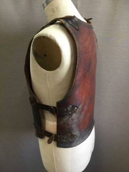 Mens, Historical Fict. Breastplate , MTO, Brown, Leather, Solid, L, Brown Shaped Leather, Scratched, Leather Buckle Straps Shoulders/Sides, Metal Studs