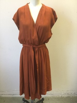 MAEVE, Rust Orange, Polyester, Solid, Poly Crepe, Cap Sleeve, Wrapped V-neck, Elastic Waist, Pleats at Shoulder Seams, Belt Loops, Knee Length **2 Piece with Matching Self Fabric Sash Belt