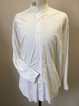 Mens, Shirt 1890s-1910s, MTO, Off White, Cotton, Solid, 34-35, 15, Off White, Band Collar,  Button Front, Long Sleeves, (broken 2nd & Missing 3rd Button)