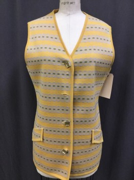 Womens, Vest, GINA TERESA, Mustard Yellow, Olive Green, Beige, Polyester, Geometric, Stripes - Horizontal , 38B, V-neck, Button Front with Gold Square Buttons (missing a Button), 2 Faux Pocket Flaps. Double Knit
